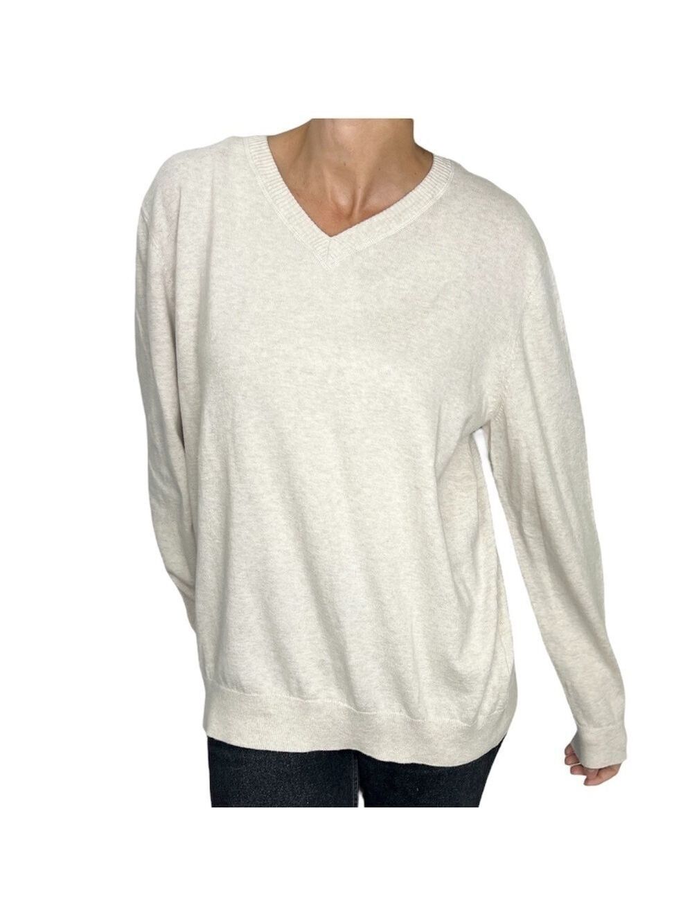 Sears Canada pure cotton cream fine knit v neck quiet luxury sweater L